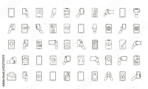 bundle of fifty smartphones devices set icons