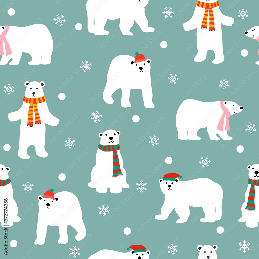 Cartoon cute polar bear animal set on green pastel. Seamless vector illustration with. Bears for christmas card design in different poses. Cartoon cute polar bear animal set on green pastel. Seamless vector illustration with. Bears for christmas card design in different poses.