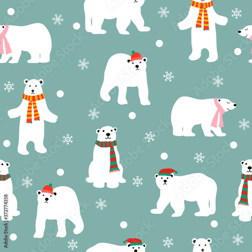 Cartoon cute polar bear animal set on green pastel. Seamless vector illustration with. Bears for christmas card design in different poses.