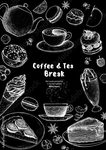 Breakfast hand drawn illustration. Coffee shop menu design. Food sketch. Coffee, tea and desserts. Cafe menu elements.