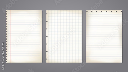 Set of old beige note, notebook paper with soft shadow are on dark background. Vector illustration