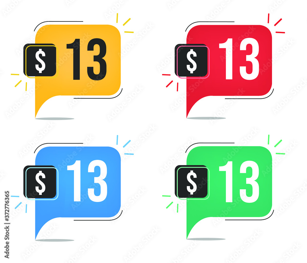 13 dollar price. Yellow, red, blue and green currency tags with balloon concept. 13 dollar price. Yellow, red, blue and green currency tags with balloon concept.