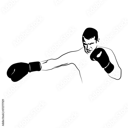 Vector stock illustration of a boxer. A fighter striking a combat blow. Gloved hand. Black athlete template. Right hook. Power reception. Isolated on a white background.