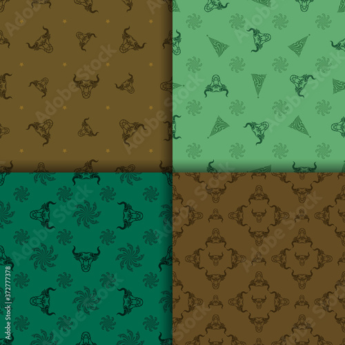 Bull set of patterns for the new year. Seamless backgrounds. Decorative animal heads, snowflakes. Symbol of the year. Vintage stylish. Suitable for textiles, holiday wrapping paper, fabrics, banners.