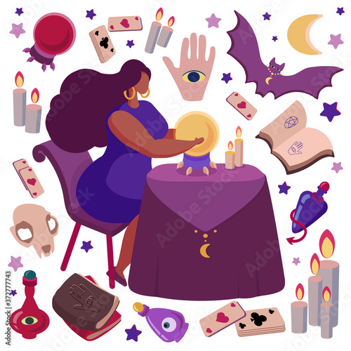 A mystical illustration demonstrating fortune-telling. Fortuneteller predicts the future. Attributes of occultism: crystal ball, bat, magic books, prediction cards, candles, skull, bottles with
