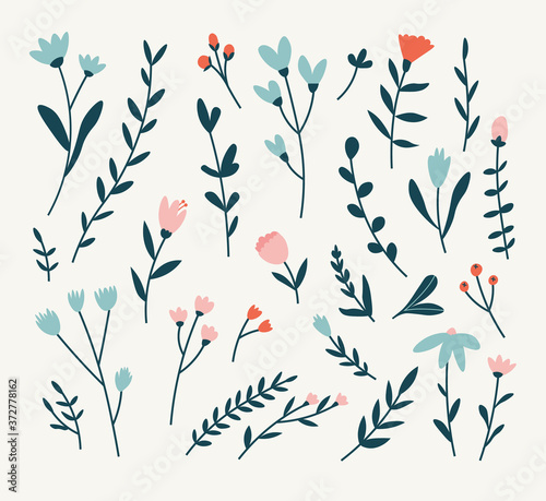 Vector illustration of with different flowers and branches red, blue, pink colors on a beige background.