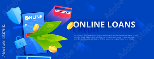 Online loan banner. The phone with flying money and credit card and gold coins. Safe shield and password icon. Vector gradient illustration