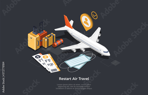 International Air Travel, Airline Renovated Service And Safely Flights Restart Concept. Airplane And A Set Of Tourism, Vacation, Journey, Travel Objects. Colorful 3d Isometric Vector Illustration.