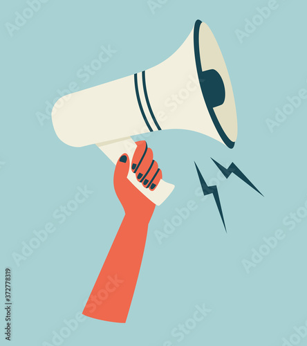 Vector illustration of hand with the loudspeaker on a blue background. Girl power illustration.