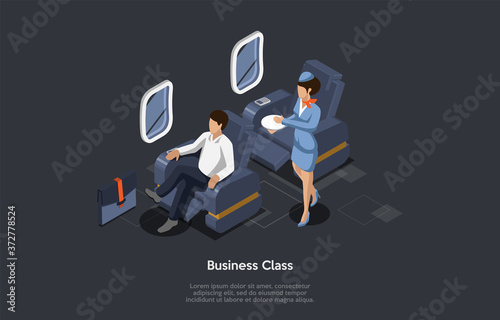 Business Class Airlines Concept. Male Passenger Sits In A Comfortable Business Class Seat In The Airplane. The Stewardess Brings A Lunch. Colorful 3d Isometric Vector Illustration On Gray Background