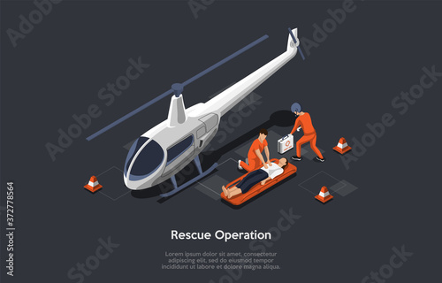 Resque Equipment And Helicopter Flight Resque System Concept. The Rescuers Came With Helicopter Use A Special Equipment To Evacuate And To Save The Woman. Colorful 3d Isometric Vector Illustration