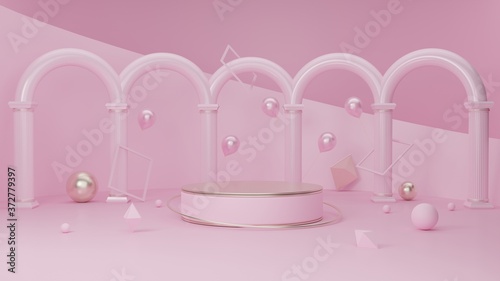 Luxury abstract background for product presentation, podium display, minimal geometric pink color pastel scene, 3d rendering.