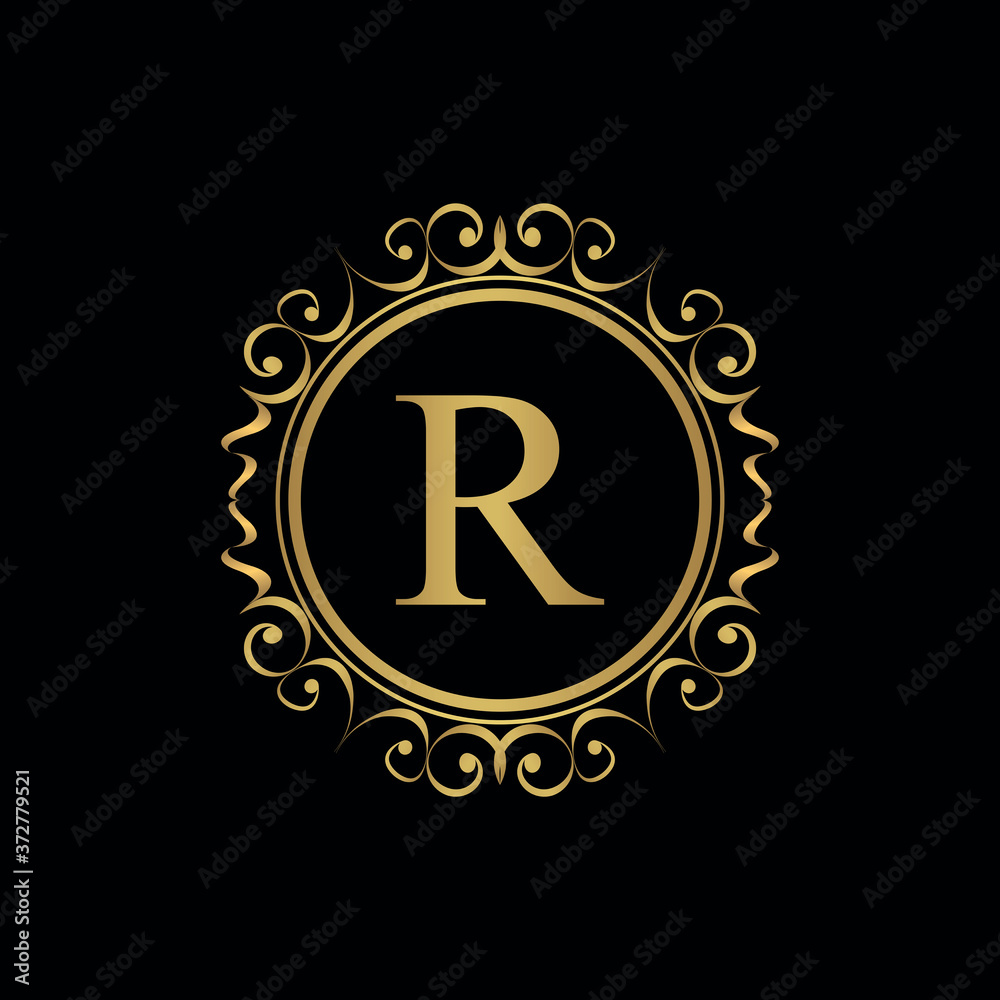 Fototapeta premium Golden letter R template logo Luxury letter with crown. Monogram alphabet . Beautiful royal initials letter. 