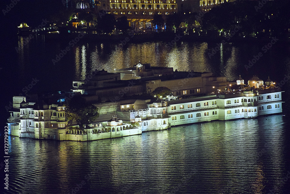 Night View of Taj Lake Palace Hotel on lake Pichola - Udaipur, Rajasthan.