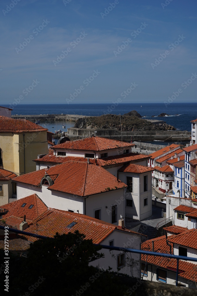 Obraz premium Asturias. Beautiful coastal village of Cudillero,Spain. Aerial Drone View
