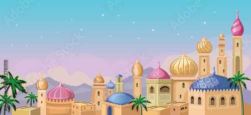 Starry sky. Oriental tale. Fairytale Arabic landscape with traditional mud houses,  ancient temple, Mosque. Muslim Cityscape.  Building Religion. Cartoon fabulous Wallpaper. East architecture. Vector.