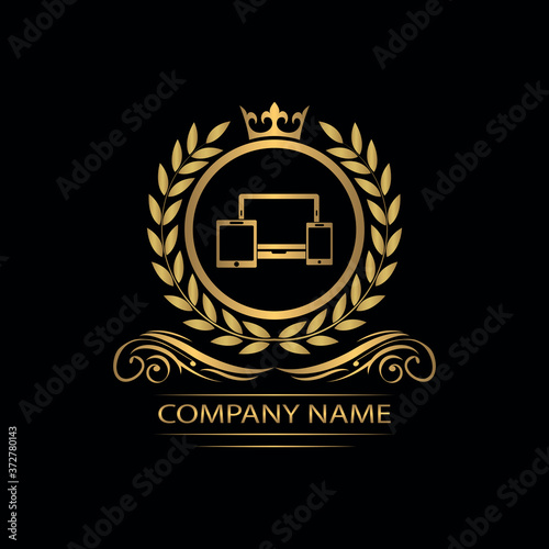 Smart Devices logo template luxury royal vector service company. Phone , tablet, laptop , computer shop decorative emblem with crown	
