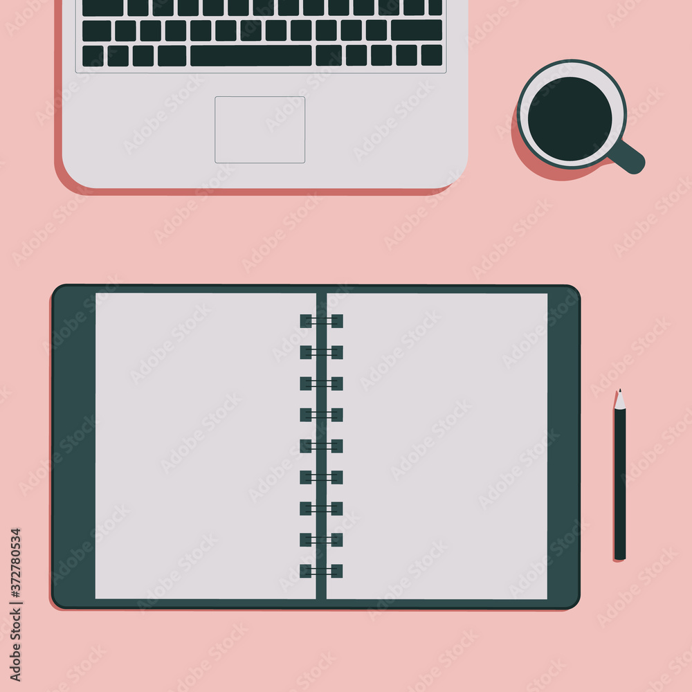 Workplace vector illustration. Top view. Notepad, notes. Notebook ...