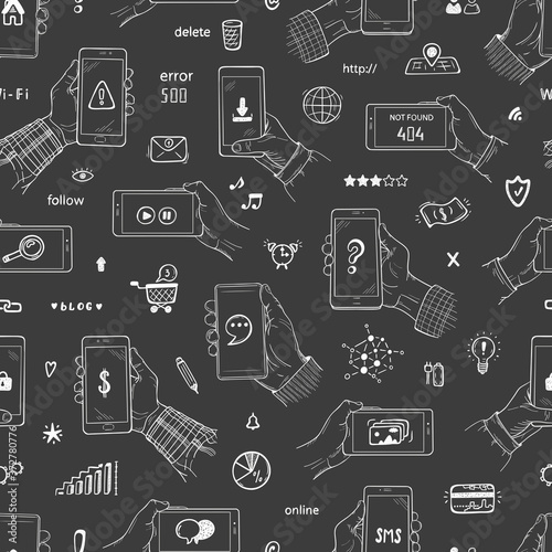 Hand Drawn Doodle Human Hands Holding Smartphone and Social Media Icons Seamless Pattern. Vector illustration