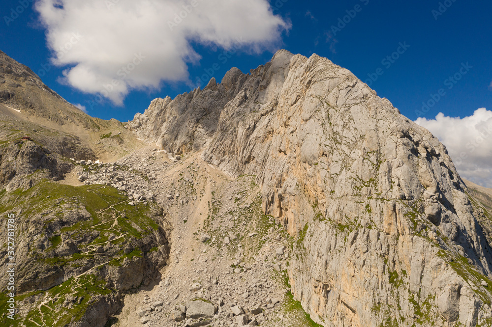 aerial view of the path that leads to the franchetti refuge in the mountain area of gran sasso italy abruzzo aerial view of the path that leads to the franchetti refuge in the mountain area of gran sasso italy abruzzo