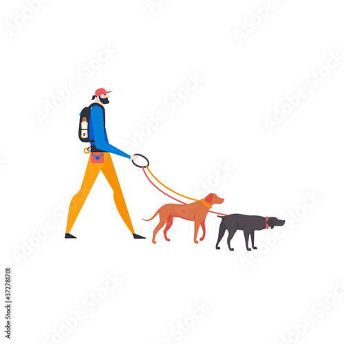 Man dogs walking isolated on white background
