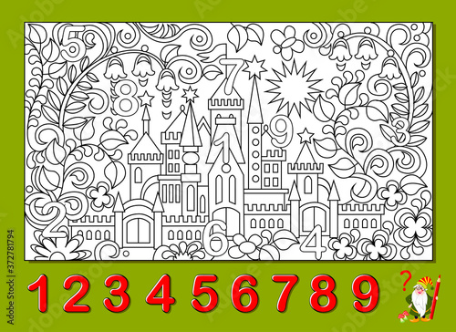 Logic puzzle game. Math education for young children. Find the numbers from 1 to 9 hidden in the picture and paint them. Coloring book. Developing counting skills. IQ test. Worksheet for kids.