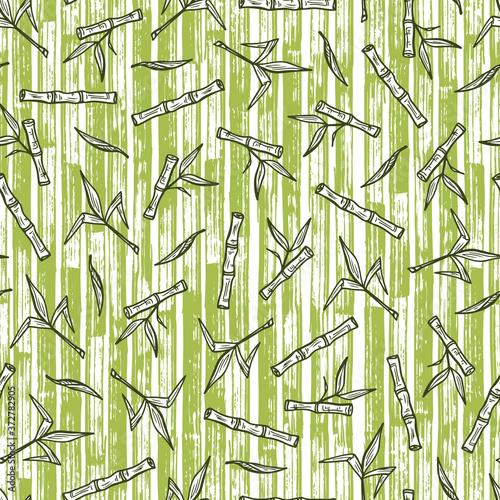 Hand Drawn Bamboo or Sugarcane Plants Vector Seamless Pattern. Stalks with leaves endless background.