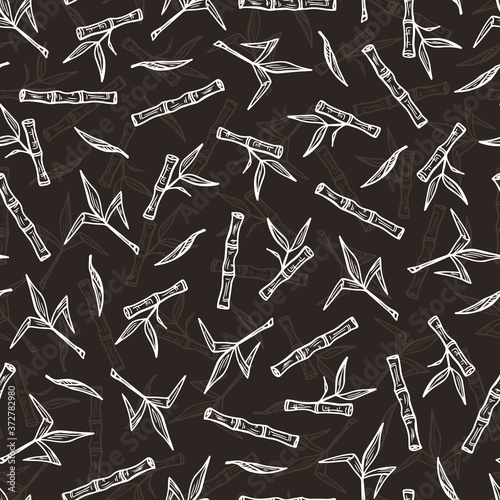 Hand Drawn Bamboo or Sugarcane Plants Vector Seamless Pattern. Stalks with leaves endless background.