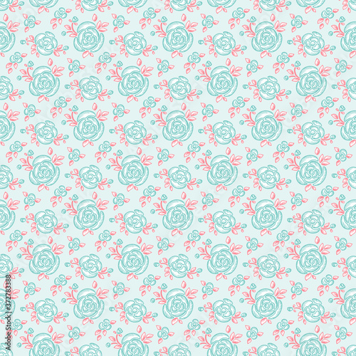 Vector Flowers and Leaves Seamless Pattern. Hand drawn Rose Flower Sketch. Beautiful Bouquet of Summer garden flowers. Blue Pink Floral Background 
