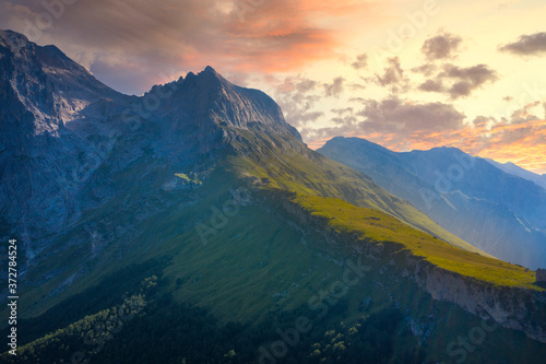 aerial view at sunset of the big and small horn in the mountain area of the gran sasso italy
