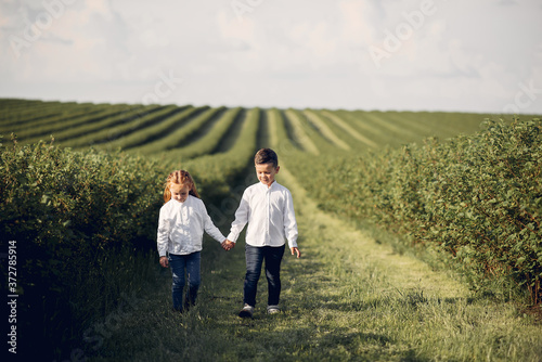 Beautiful little girl in a white shirt. Childred playing in a summer field
