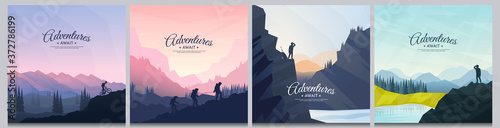 Vector brochure cards set. Travel concept of discovering, exploring and observing nature. Hiking. Climbing. Adventure tourism. Flat design for social media, blog post, poster, invitation, gift card.