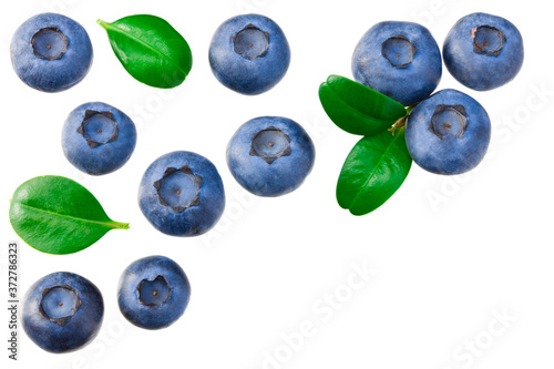 blueberries with leaves isolated on white background. top view. healthy background.
