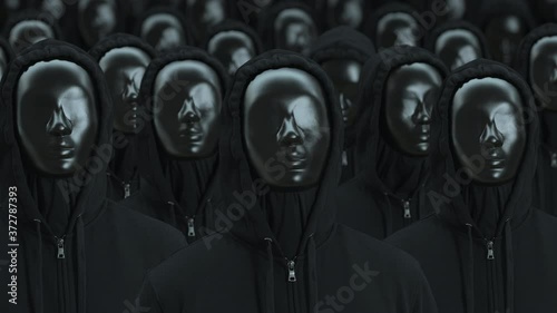 Crowd of the same people wearing black masks raise heads. Totalitarity and awareness concepts