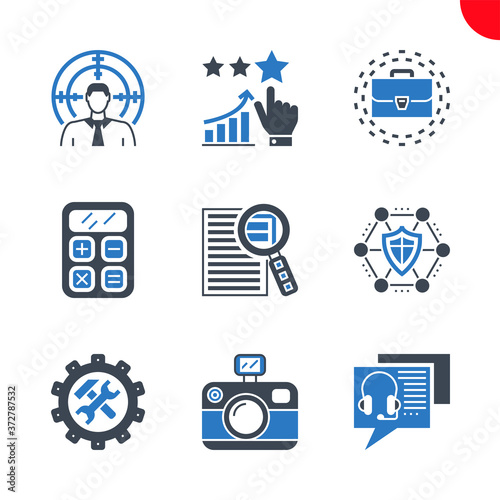 SEO Related Vector Glyph Icons Set. Online consulting, target audience, photo presentation, support, network protection, case study, seo calculator, portfolio, reputation management