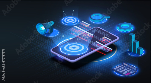 The futuristic target is located on an isometric phone. Business target banner. Concept of work strategy, company goal and focus. Growth strategy or financial goal concept. Vector illustration