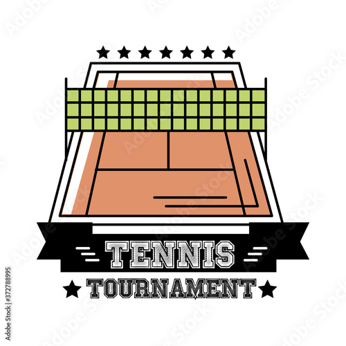 tennis court sport with ribbon and lettering line and fill style icon