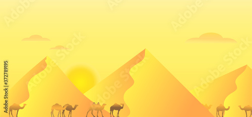 Camel caravan in wild desert mountain nature landscape background illustration vector