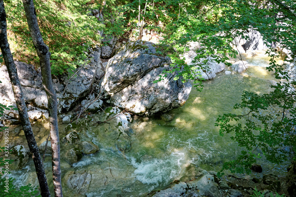 Ein Gebirgsbach fließt über kleine Stufen durch ein steinernes Bachbett. Ein großer Felsen liegt am Rand. Beschattet von Zweigen, mit Lichtflecken auf dem Boden. Ein Gebirgsbach fließt über kleine Stufen durch ein steinernes Bachbett. Ein großer Felsen liegt am Rand. Beschattet von Zweigen, mit Lichtflecken auf dem Boden.