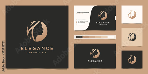 Elegant woman hair salon gold gradient logo design and business card