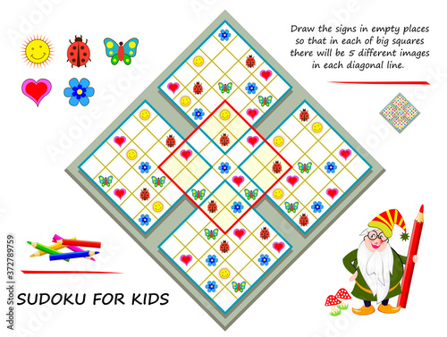 Logic Sudoku puzzle game. Draw the signs in empty places so that in each of big squares there will be 5 different images in each diagonal line. Page for kids brain teaser book. Play online. IQ test.