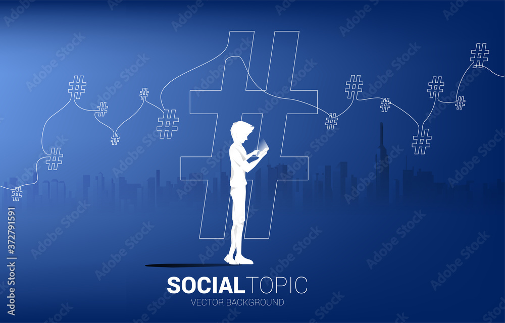 Silhouette of man use mobile phone and Hash tag background .concept for social media topic and news. Silhouette of man use mobile phone and Hash tag background .concept for social media topic and news.