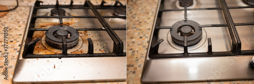Foto Dirty gas stove stained while cooking, a stove in grease