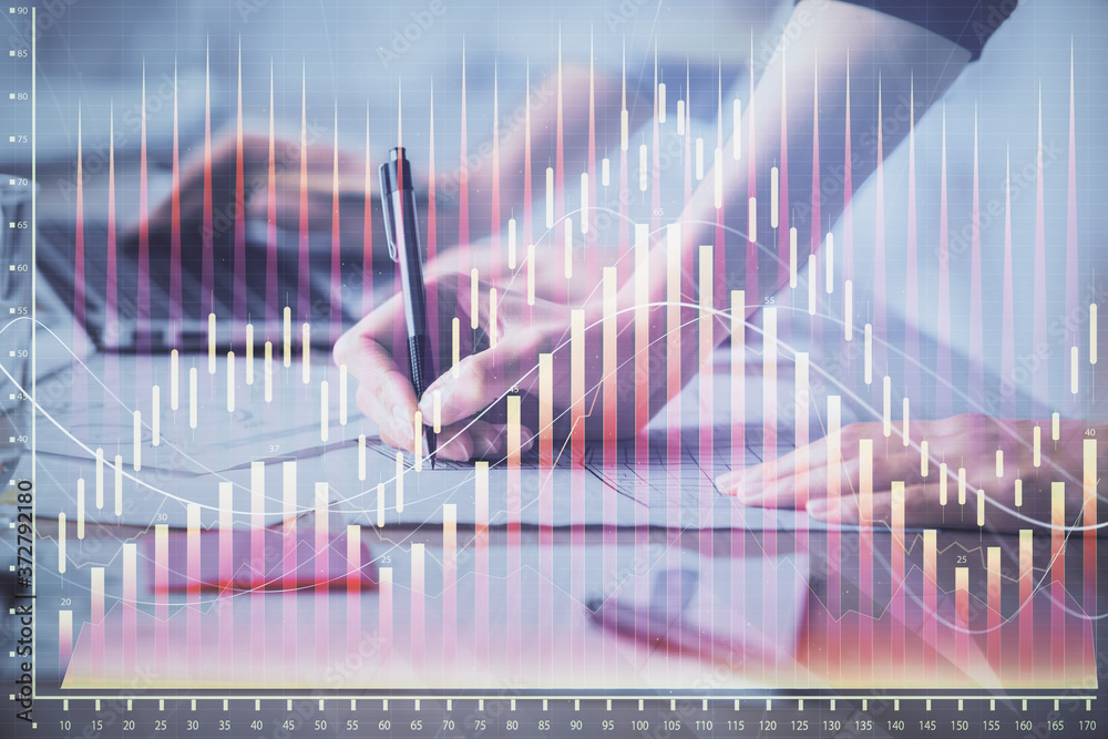 Multi exposure of woman hands typing on computer and financial chart hologram drawing. Stock market analysis concept. Multi exposure of woman hands typing on computer and financial chart hologram drawing. Stock market analysis concept.