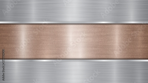 Background consisting of a bronze shiny metallic surface and two horizontal polished silver plates located above and below, with a metal texture, glares and burnished edges