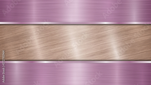 Background consisting of a bronze shiny metallic surface and two horizontal polished purple plates located above and below, with a metal texture, glares and burnished edges
