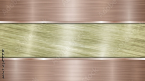 Background consisting of a golden shiny metallic surface and two horizontal polished bronze plates located above and below, with a metal texture, glares and burnished edges
