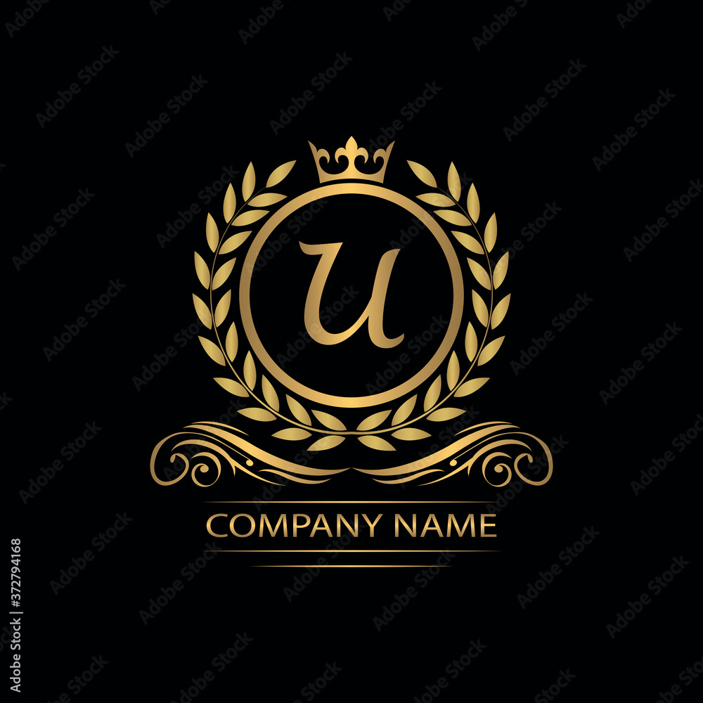 Golden Letter U laurel wreath template logo Luxury gold letter with crown. Monogram alphabet . Beautiful royal initials letter. Golden Letter U laurel wreath template logo Luxury gold letter with crown. Monogram alphabet . Beautiful royal initials letter.