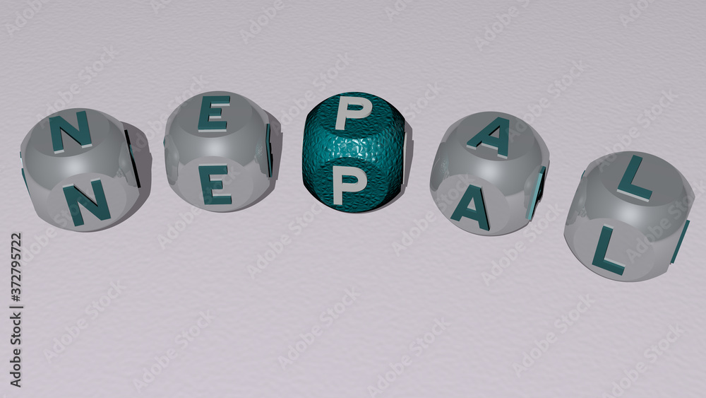 NEPAL curved text of cubic dice letters, 3D illustration for asia and kathmandu