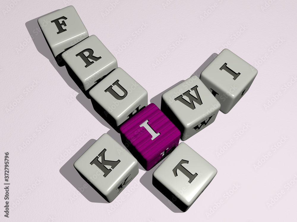KIWI FRUIT crossword by cubic dice letters, 3D illustration for background and food KIWI FRUIT crossword by cubic dice letters, 3D illustration for background and food